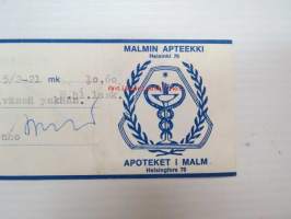Malmin Apteekki - Apoteket i Malm, Helsinki, 21.10.1968 -apteekkisignatuuri, reseptiliuska