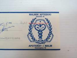 Malmin Apteekki - Apoteket i Malm, Helsinki, 2.12.1968 -apteekkisignatuuri, reseptiliuska