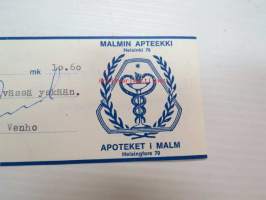 Malmin Apteekki - Apoteket i Malm, Helsinki, 12.11.1968 -apteekkisignatuuri, reseptiliuska