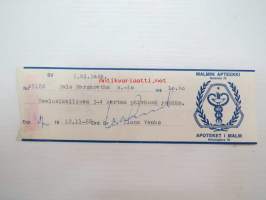Malmin Apteekki - Apoteket i Malm, Helsinki, 12.11.1968 -apteekkisignatuuri, reseptiliuska