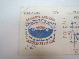 Malmin Apteekki - Apoteket i Malm, Helsinki, 29.11.1966 -apteekkisignatuuri, reseptiliuska