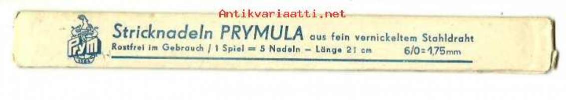 Stricknadeln PRYMULA  sukkapuikko täysi 5 kpl:n  tuotepakkaus, tuote-etiketti  40-50 luku