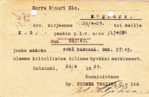Oy Suomen Trading C:o Ltd, postikortti.  26.4.1923
