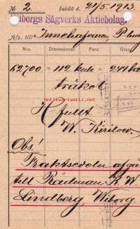Tilauspostikortteja, Wiborgs Sågverk Aktiebolag, 21.5./26.6.1913