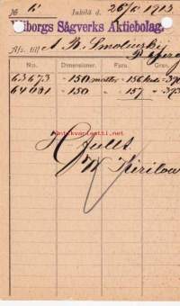 Tilauspostikortteja, Wiborgs Sågverk Aktiebolag, 21.5./26.6.1913