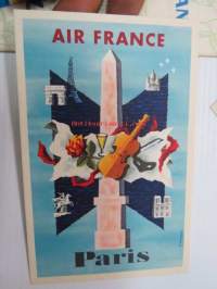 Air France -1950-luvulla lennoilla jaettu kansio, jossa Pariisi-postikortti, Tax-Free savuke- ja alkoholihinnasto sekä yhteydenottokirje itselleen lentoyhtiön