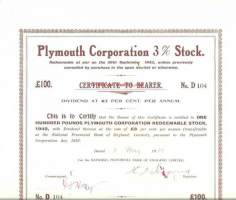 Plymouth  Corporation   100 punnan haltija-arvopaperi  1932 Englanti