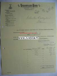 Vesijohtoliike Huber O/Y Turku 12.5.1926 -asiakirja