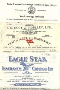 Kuljetusalan ulkomaisia vakuutuskirjoja 4 kpl:n erä 1948 - vakuutuskirja