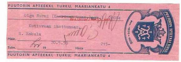 Puutorin Apteekki   Turku 1959  - resepti signatuuri