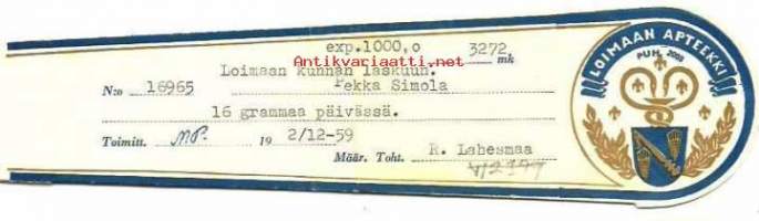 Loimaan Apteekki 1959 - resepti signatuuri
