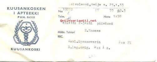 Kuusankosken I Apteekki  1970 - resepti signatuuri apteekkipussi