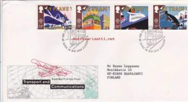 FDC Iso-Britannia 1988 - 22.3.1988 Traffic and Transportation (Liikenne ja kuljetus): By plane (Handley Page HP 42; By tram Art Deco tramcar 1173; By boat Queen
