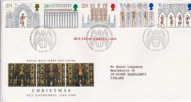 FDC Iso-Britannia 1989 - 14.11.1989  Christmas.  Fly Cathedral 1189 - 1989.  Joulumerkkisarja.  Ensipäiväleima Wales.