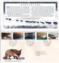 FDC Iso-Britannia/Englanti 1992 - 14.01.1992 Wintertime - Eläimiä talven keskellä. Kuusipeura, Jänis, Kettu, Punakylki,  Walesin vuoristolammas