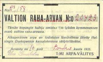 1/10 osa Valtion Raha-arvasta  toukokuu 1935 nr 20423  -  arpa