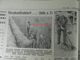 Koneviesti 1959, sis. mm. seur. artikkelit / kuvat / mainokset; Yksiakselisetraktorit pien- ja kääpiötilojen yleiskoneita, Leikkuupuimuri Aros (Aktiv) M2S,