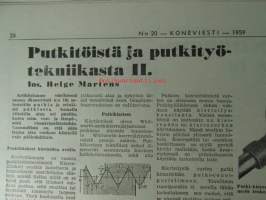 Koneviesti 1959, sis. mm. seur. artikkelit / kuvat / mainokset; Yksiakselisetraktorit pien- ja kääpiötilojen yleiskoneita, Leikkuupuimuri Aros (Aktiv) M2S,