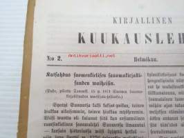 Kirjallinen kuukauslehti 1871 nr 2 helmikuu, sis. mm. seur. artikkelit; Katsahdus suomenkielisen sanomakirjallisuuden waiheisiin (Puhe, pidetty 15.1.1871 Suomen