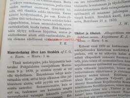 Kirjallinen kuukauslehti 1871 nr 2 helmikuu, sis. mm. seur. artikkelit; Katsahdus suomenkielisen sanomakirjallisuuden waiheisiin (Puhe, pidetty 15.1.1871 Suomen