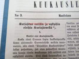 Kirjallinen kuukauslehti 1869 nr 3 maaliskuu, sis. mm. seur. artikkelit; Katsahdus entisiin ja nykyisiin oloihin Kuolajärvellä (Kuolajärvi), Uuden Suomalaisen