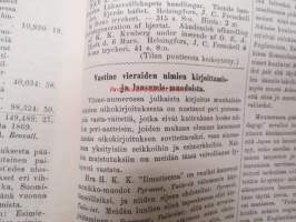 Kirjallinen kuukauslehti 1869 nr 3 maaliskuu, sis. mm. seur. artikkelit; Katsahdus entisiin ja nykyisiin oloihin Kuolajärvellä (Kuolajärvi), Uuden Suomalaisen