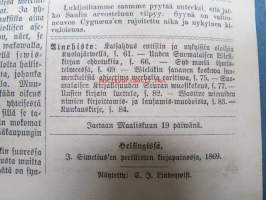 Kirjallinen kuukauslehti 1869 nr 3 maaliskuu, sis. mm. seur. artikkelit; Katsahdus entisiin ja nykyisiin oloihin Kuolajärvellä (Kuolajärvi), Uuden Suomalaisen