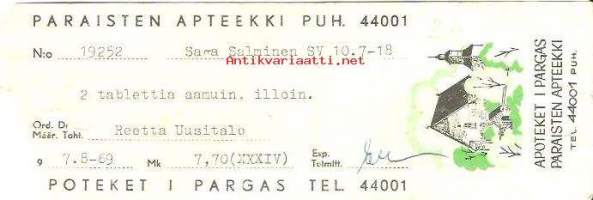 Paraisten  Apteekki  Parainen - resepti signatuuri, 1969