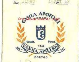 Vanha Apteekki Porvoo- resepti signatuuri, reseptipussi 1962