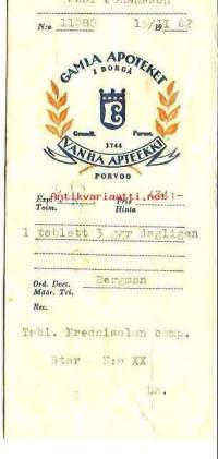 Vanha Apteekki Porvoo- resepti signatuuri, reseptipussi 1962
