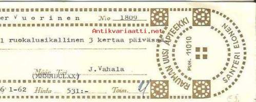 Rauman Uusi Apteekki Rauma- resepti signatuuri 1962