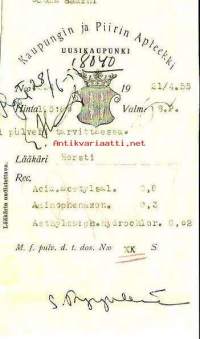 Kaupungin ja Piirikunnan Apteekki  Uusikaupunki - Resepti signatuuri 1955