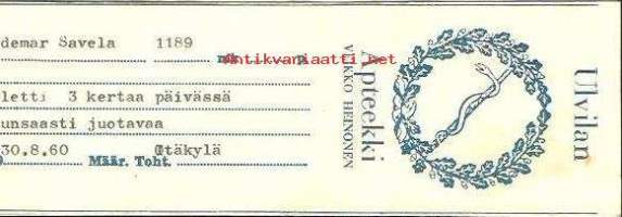 Ulvilan Apteekki  Ulvila- Resepti signatuuri 1960