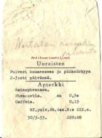 Uuraisten Apteekki  Uurainen- apteekkipussi 1953