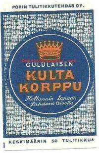 Kulta Korppu / Oululainen Oy Lahti   -  tulitikkuetiketti