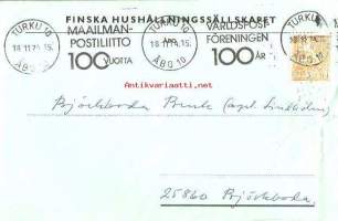 Finska Hushållningssällskapet 18.11.1974    firmakuori  leima Maailman Postiliitto 100 vuotta