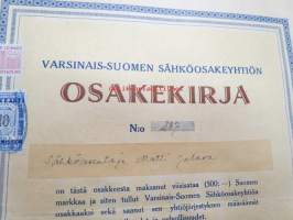 Varsinais-suomen Sähköosakeyhtiö osakekirja nr 287, sähköasentaja Matti Jalava, 500 mk