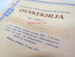 Varsinais-suomen Sähköosakeyhtiö osakekirja nr 287, sähköasentaja Matti Jalava, 500 mk