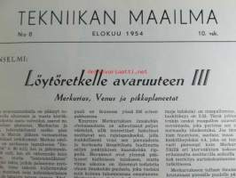 Tekniikan Maailma 1954 nr 8, sis. mm. seur. artikkelit / kuvat / mainokset; Kannessa pienoiskamera Colibri, Kameran sähkömagneettinen laukaisija, 4W