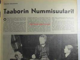 Viikko Sanomat 1957 nr 28, sis. mm. seur. artikkelit / kuvat / mainokset; Kansikuvitus Marjatta Rikala Olavinlinnassa, Säynätsalossa vihittiin professori