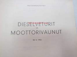 Dieselveturit ja moottorivaunut 30.4.1962 -Valtionrautateitten vetokaluston luettelotiedot, sarjanumerot, valmistajat, tekniset tiedot, huomautukset ym.