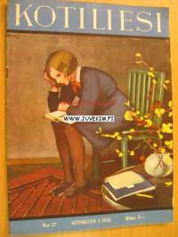 Kotiliesi 1932 nr 17 (kansi Martta Wendelin ) Syyskuu 1932. Artikkeli ja kuvia  pohjoismaisista rakennuspäivistä : Alvar Aallon tuolimalli &quot;pehmeä puutuoli&quot;.