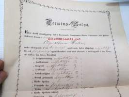 Termins-Betyg - Efter skedd öfverläggning haffa härvarande Fruntimmers-Skolas Lärarinnor och Lärare förklarat eleven... Olga Maria Helin...Åbo den 14de