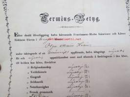 Termins-Betyg - Efter skedd öfverläggning haffa härvarande Fruntimmers-Skolas Lärarinnor och Lärare förklarat eleven... Olga Maria Helin...Åbo den 19de