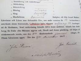 Termins-Betyg - Efter skedd öfverläggning haffa härvarande Fruntimmers-Skolas Lärarinnor och Lärare förklarat eleven... Olga Maria Helin...Åbo den 19de