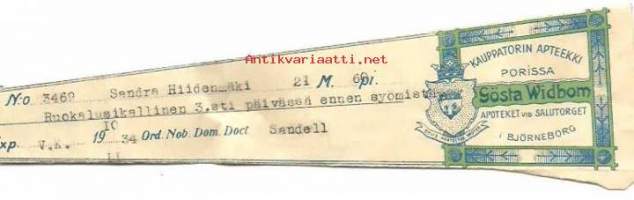 Kauppatorin Apteekki, Pori  - resepti signatuuri  1934