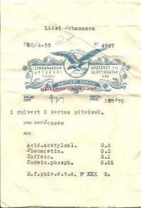 Linnankadun  Apteekki, Turku - resepti signatuuri  reseptipussi 1955