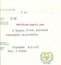 Yliopiston Apteekki Lääkevarasto - resepti signatuuri  reseptipussi  1970