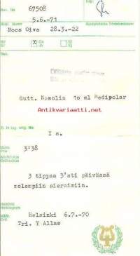 Yliopiston Apteekki Lääkevarasto - resepti signatuuri  reseptipussi  1970
