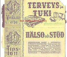 Terveys ja Tuki Veikkausarpa, voittoina henkilöautoja, traktoreita, pölyimureita - arpa 1957